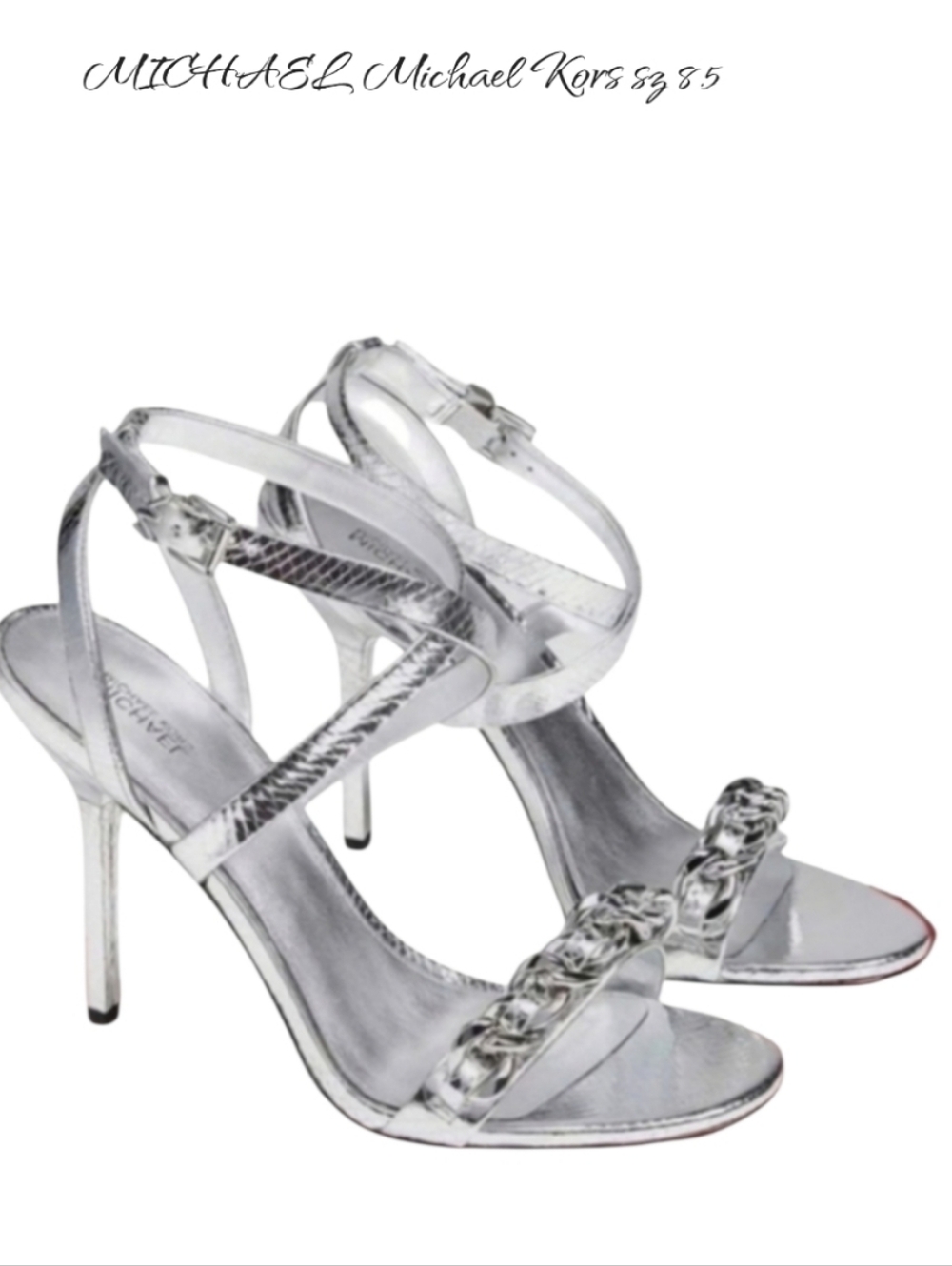 Michael Kors Asha Silver Snake Embossed Leather Chain Sandal Heels 8.5 NEW